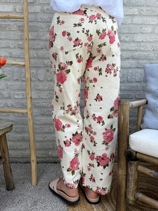 Floral Denim Pants / Beige-Pink