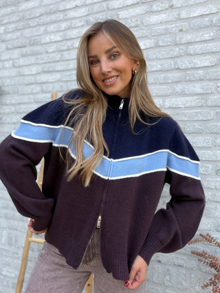 Zip-Up Stripe Knit / Blue-Brown