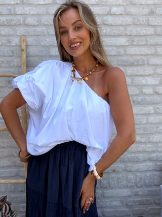 One Shoulder Puff Top / White