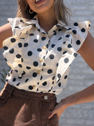 Polka Ruffle Top / White