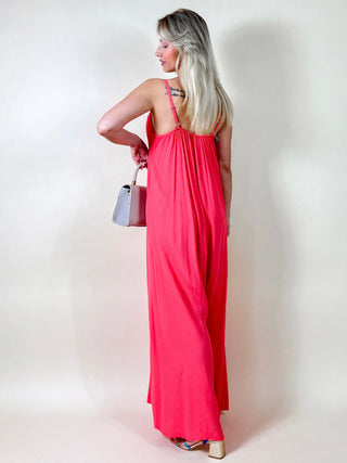Satin Strap Jumpsuit / Coral Red
