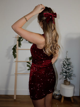 Velvet Sequin One-Shoulder Dress / Bordeaux