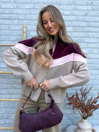 Zip-Up Stripe Knit / Beige-Bordeaux