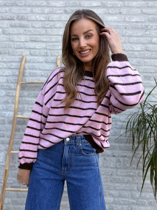 Striped Knit Sweater / Pink-Brown