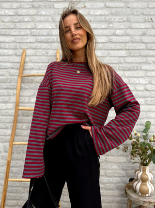 Striped Cotton Blouse / Grey-Bordeaux