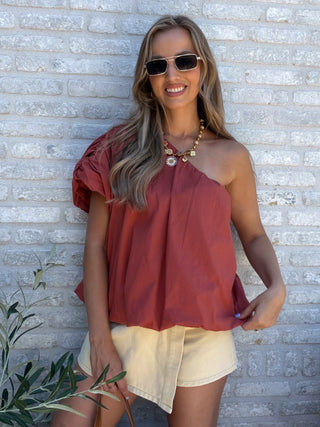 One Shoulder Puff Top / Terracotta