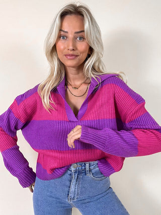 Striped V-Sweater / purple-pink