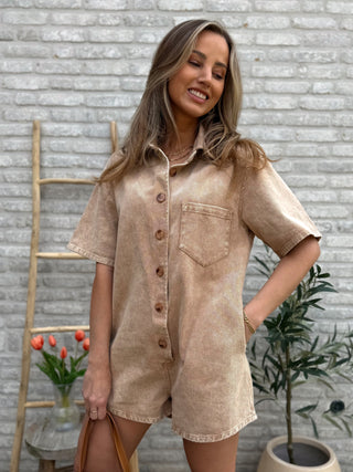 Denim Buttoned Playsuit / Taupe