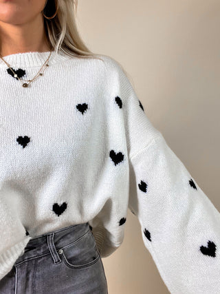 Knitted Loose Heart Sweater / Wit - Black