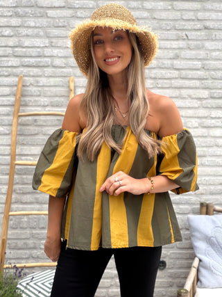 Striped Off-Shoulder Top / Khaki-Mustard