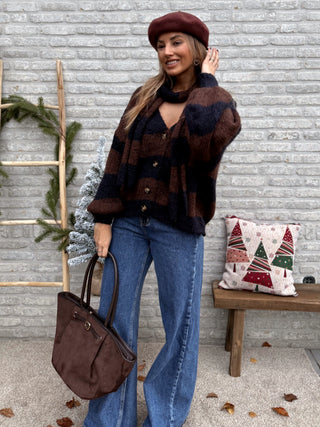Stripe Scarf Cardigan / Taupe-Brown
