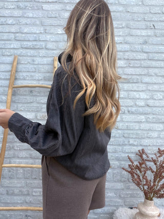 Bow Denim Blouse / Grey