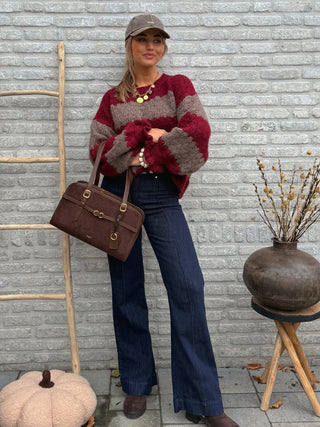 Striped Ruffle Knit / Taupe-Burgundy