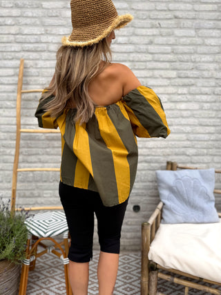 Striped Off-Shoulder Top / Khaki-Mustard