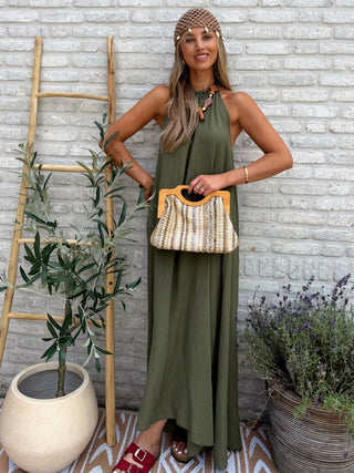 Sparkle Halter Maxi Dress / Khaki