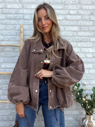 Washed Denim Bomber Jacket / Taupe