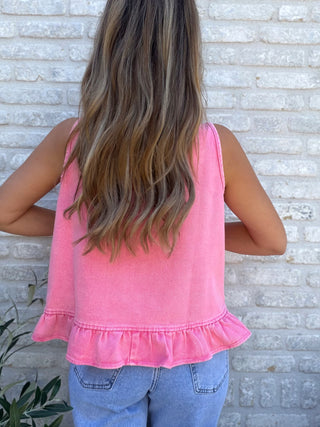 Denim Frill Gilet Top / Pink