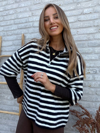 Zip Stripe Knit / Dark Blue-White