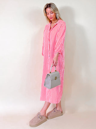 Maxi Buttoned Striped Cotton Dress / Coral Red