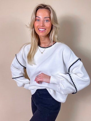 Oversized Stitched Sweater / White - black