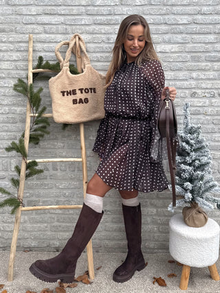 Polka Dot Chiffon Dress / Brown