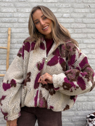 Oversized Teddy Jacket / Beige-Bordeaux
