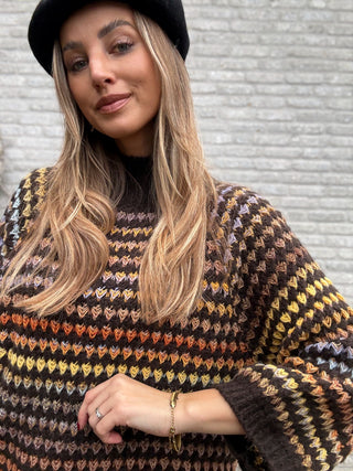 Retro Multi-Stripe Knit Sweater / Brown-Yellow