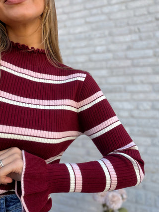 Flared Sleeve Stripe Top / Pink-Bordeaux