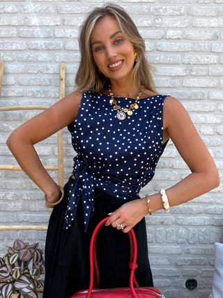 Polka Dot Wrap Top / Dark Blue