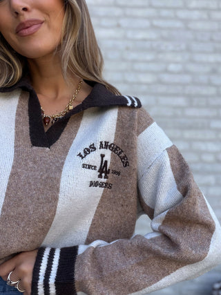 Stripe V-Neck Knit / Beige-Camel