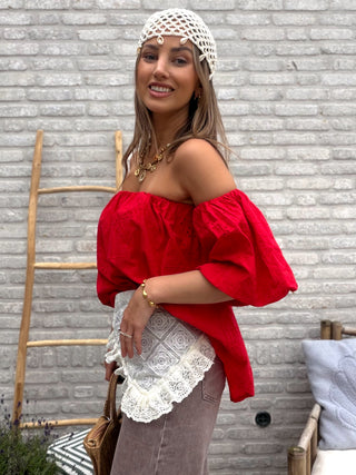 Broderie Off Shoulder Top / Red
