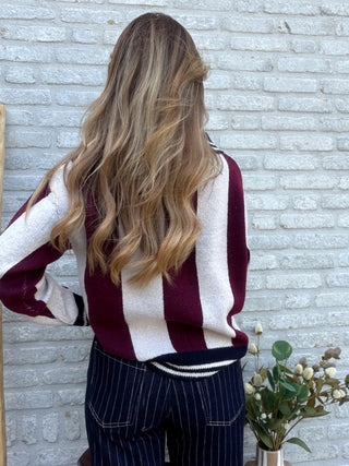 Stripe V-Neck Knit / Bordeaux-Dark Blue