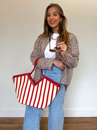 Striped Canvas Tote Bag / Red-Beige