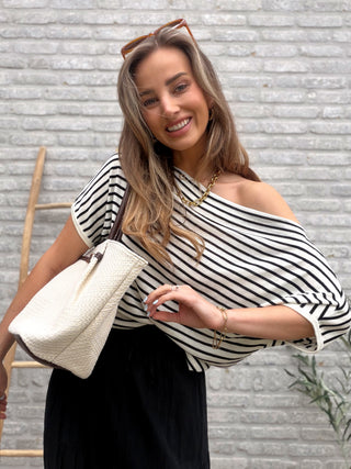 Off-Shoulder Stripe Top / White-Black