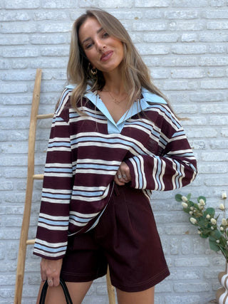 Striped Polo Blouse / Burgundy-Blue