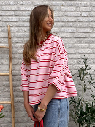 Open Back Striped Blouse / Pink-Red