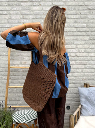 Striped Off-Shoulder Top / Blue-Brown