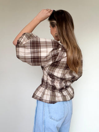 Checked Peplum Blouse / Brown