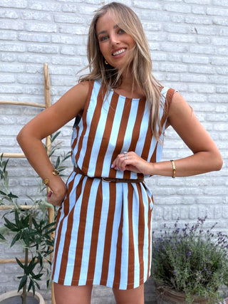Cotton Stripe Dress / Brown-Blue