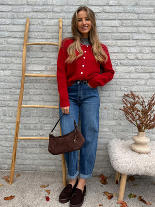 Buttoned Soft Cardigan / Red