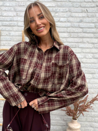 Check Strass Shirt / Taupe-Burgundy