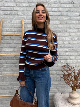 Flared Sleeve Stripe Top / Brown-Blue
