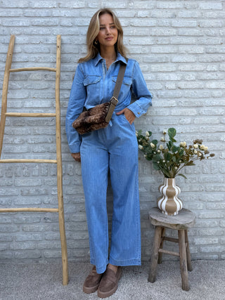 Light Wash Denim Jumpsuit / Blue