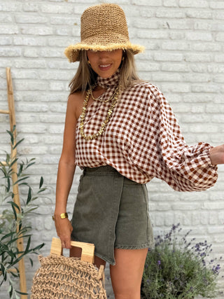 Gingham One Shoulder Blouse / Brown
