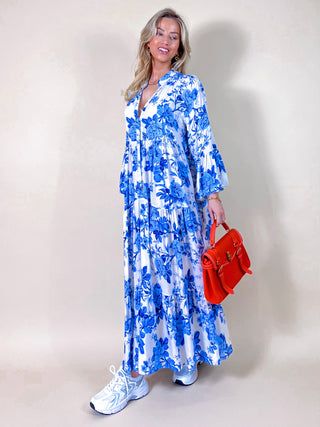 Maxi Flowy Floral Dress / Light Blue-White