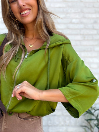Satin Bomber Jacket / Olive Green