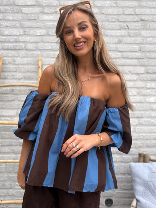 Striped Off-Shoulder Top / Blue-Brown