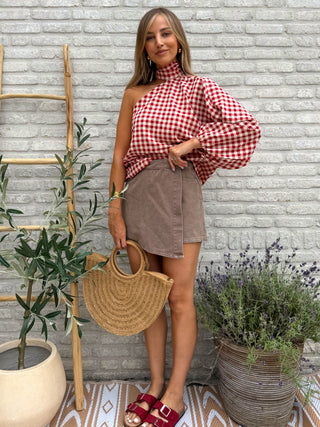 Gingham One Shoulder Blouse / Red