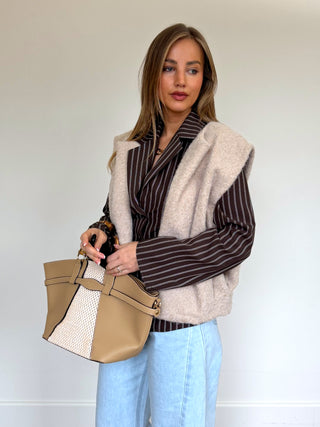 Waist Tie Striped Shirt / Brown