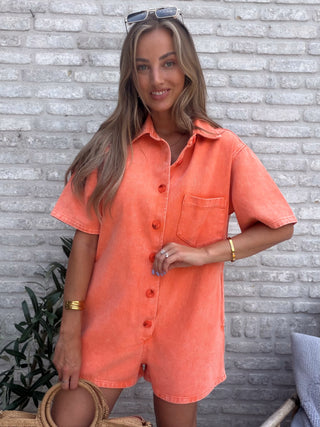 Denim Buttoned Playsuit / Orange